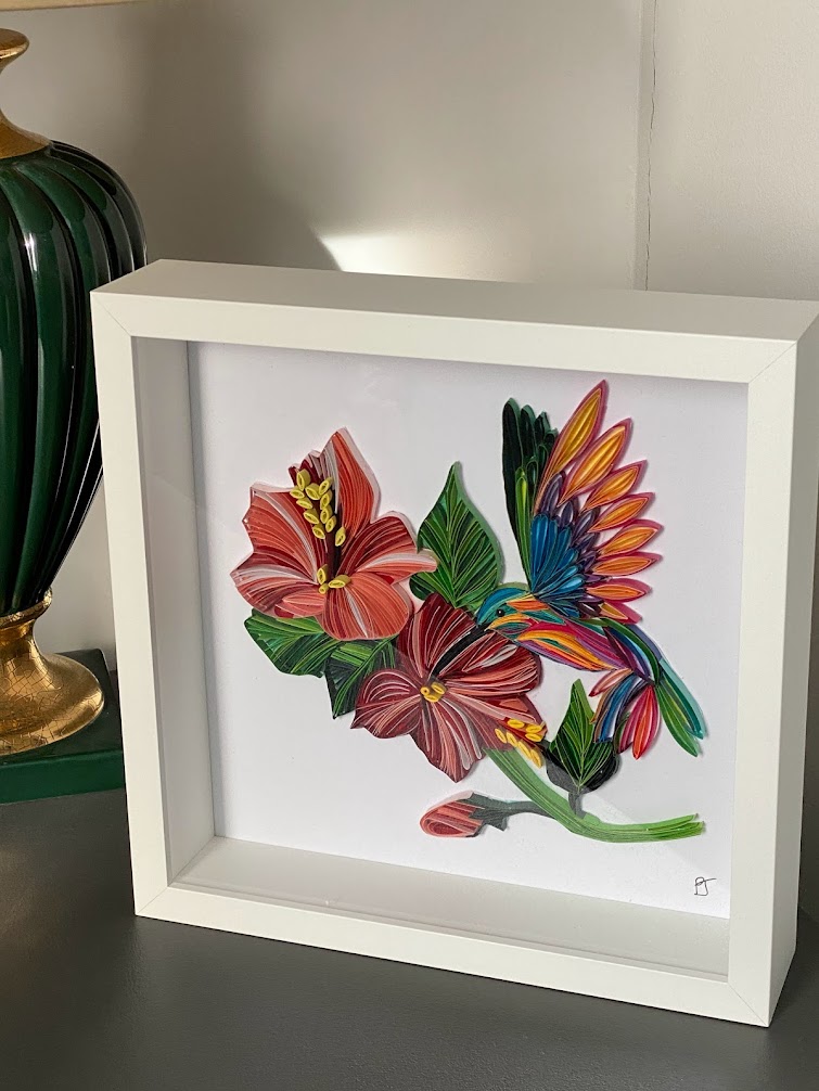 FLEUR ET COLIBRI QUILLING TABLEAU FLEUR ET COLIBRI