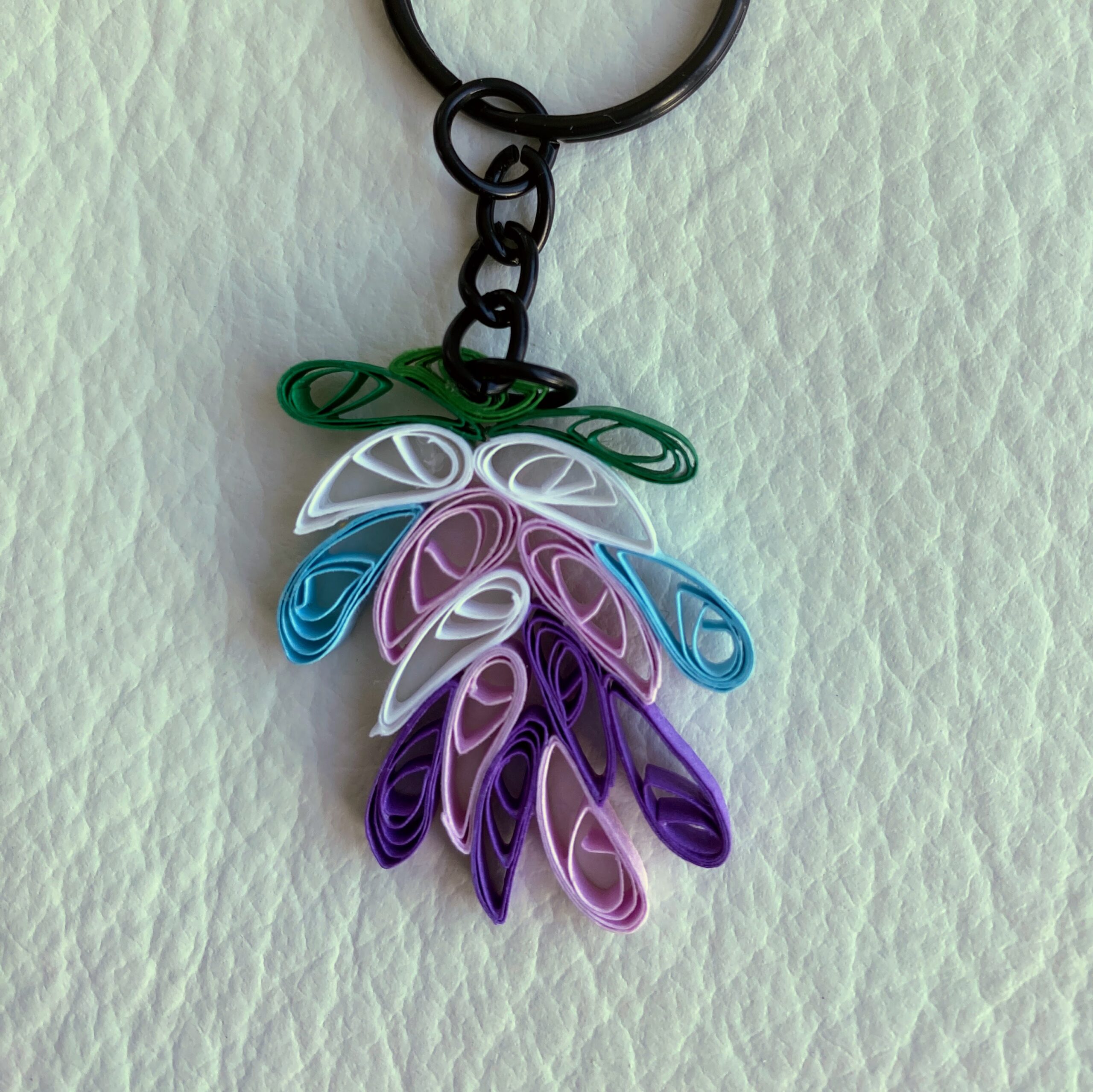PORTE CLES PLUME MAUVE ET BLEUE QUILLING PORTE CLES PLUME MAUVE ET BLEUE